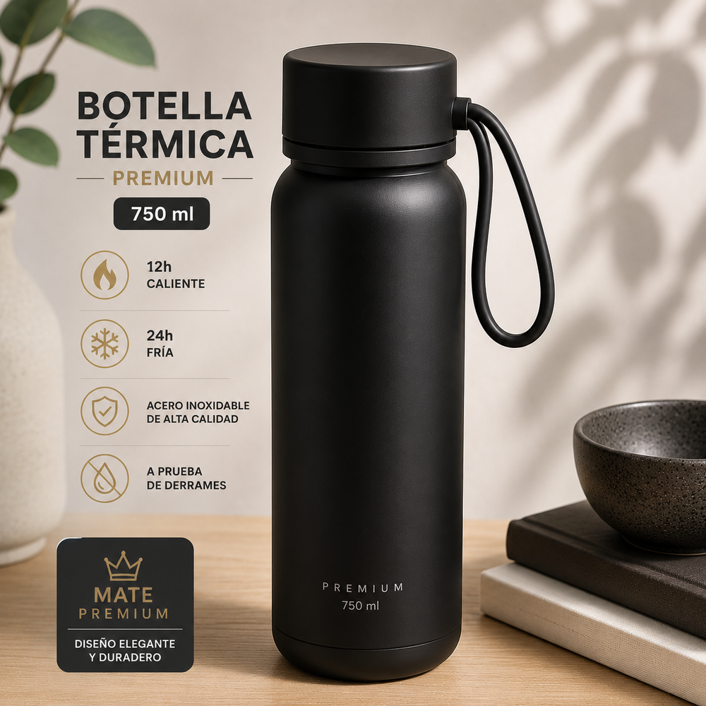 Botella Térmica Negra Mate Premium 750 ml